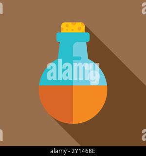Round bottom flask with a cork containing an orange chemical liquid is bubbling in a lab setting Stock Vector