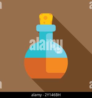 Round bottom flask containing orange liquid casting a long shadow, in flat design style Stock Vector