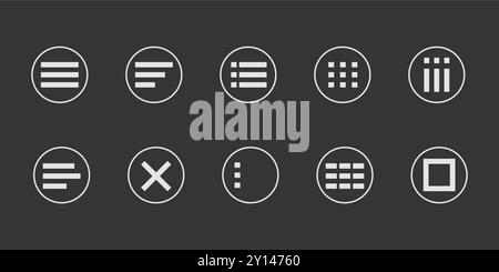 Menu for apps and web Hamburger Menu dropdown in circle. Set interface icons, popup bar, template. Application list burger button. Vector illustration Stock Vector