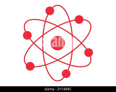 Red silhouette of an atom with orbiting electrons isolated on a white background. Concept of science, physics, atomic structure, minimalism. Icon, sym Stock Vector