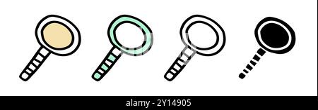 Set of magnifying glass icons featuring colored illustrations, black silhouette, and black outline, isolated on a white background. Concept of search, Stock Vector