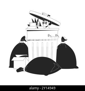 Korean woman with staff box in trash bin cartoon black and white line illustration Stock Vector
