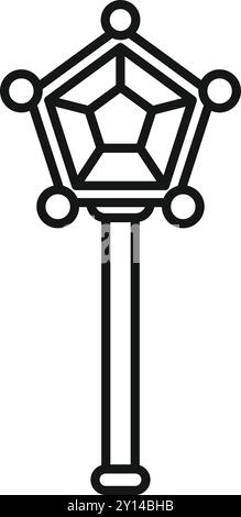 Magic staff with pentagonal crystal spreading its power with five spheres icon Stock Vector