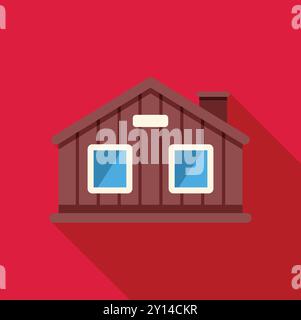 Simple flat design vector illustration of a wooden chalet with chimney casting long shadow on red background Stock Vector