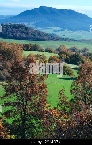 An autumn landscape in the Allin Valley, Navarra, Spain, featuring vibrant trees with orange and brown leaves and lush green fields.e. Stock Photo
