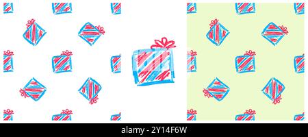 Gifts, presents. Set Seamless pattern. Children's drawings with wax crayons. Print Stock Vector