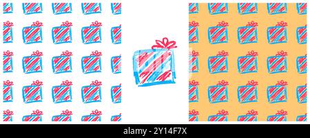 Gifts, presents. Set Seamless patterns. Children's drawings with wax crayons. Print for cloth design Stock Vector