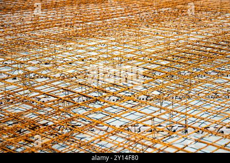 Area Fully Covered by Rebar Structure for Concrete Slab Construction Stock Photo