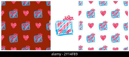 Gifts, presents. Set Seamless patterns. Children's drawings with wax crayons. Print for cloth design, textile, fabric Stock Vector