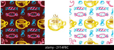 Seamless pattern. Cup, pastry and candy. Set drawings with wax crayons. Kitchen or cafe design. Cloth design Stock Vector