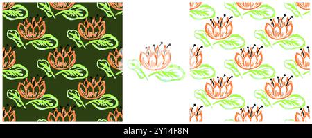 Seamless pattern. Flowers, water lilies. Set drawings with wax crayons. Print for cloth design, textile Stock Vector