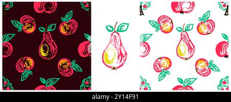 Seamless pattern. Set drawings with wax crayons. Apple trees, apples. Print for cloth Stock Vector