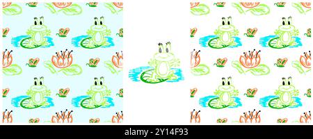 Seamless pattern. Frogs, water lilies. Set drawings with wax crayons. Print for cloth design, textile, fabric, wallpaper Stock Vector