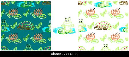 Seamless pattern. Frogs, water lilies. Set drawings with wax crayons. Print for cloth design, textile, fabric, wallpaper, wrapping paper Stock Vector