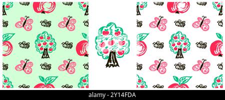 Seamless pattern. Set drawings with wax crayons. Apple trees, apples. Print for cloth design, textile, fabric, wallpaper, wrapping paper Stock Vector