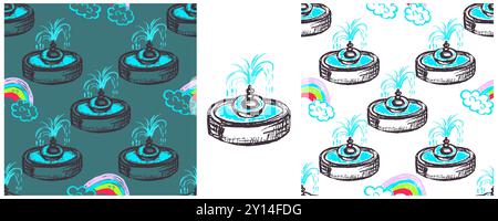 Seamless pattern. Set drawings with wax crayons. Fountains. Print for cloth design, textile Stock Vector