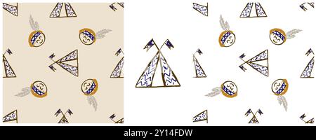 Seamless pattern. Set drawings with wax crayons. Wigwam, Indian. Print Stock Vector