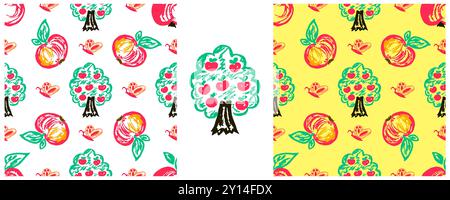 Seamless pattern. Set drawings with wax crayons. Apple trees, apples. Print for cloth design Stock Vector