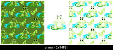 Seamless pattern. Set drawings with wax crayons. Frogs. Print for cloth design, textile, fabric, wallpaper, wrapping Stock Vector