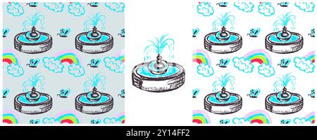 Seamless pattern. Set drawings with wax crayons. Fountains. Print for cloth design Stock Vector
