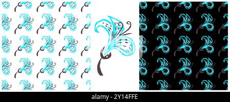 Set Seamless patterns. Blue flowers. Print for cloth design, textile, fabric. Children's drawings with wax crayons Stock Vector