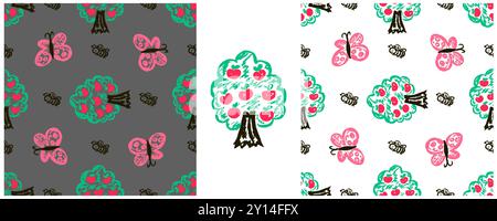 Seamless pattern. Set drawings with wax crayons. Garden, apple trees. Print for cloth design Stock Vector