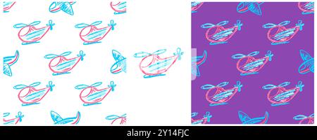 Toys Seamless pattern. Helicopters, airplanes. Set drawings with wax crayons. Print for cloth design, textile, fabric, wallpaper Stock Vector