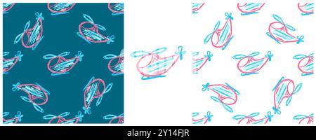 Toys Seamless pattern. Set drawings with wax crayons. Helicopters. Print for cloth design, textile, fabric, wallpaper, wrapping Stock Vector