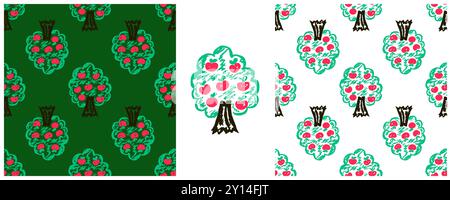 Seamless pattern. Set drawings with wax crayons. Garden, apple trees. Print for cloth design, textile Stock Vector