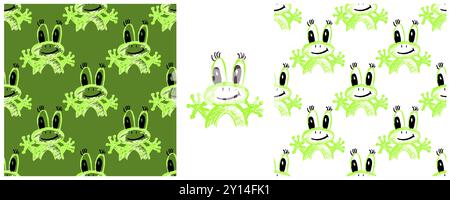 Seamless pattern. Set drawings with wax crayons. Frogs. Print for cloth design Stock Vector