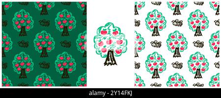 Seamless pattern. Set drawings with wax crayons. Garden, apple trees. Print for cloth design, textile, fabric, wallpaper, wrapping paper Stock Vector