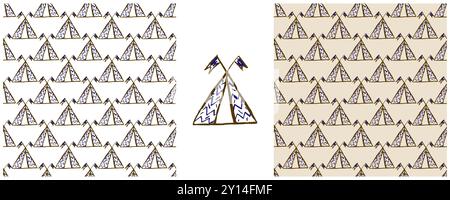 Seamless pattern. Set drawings with wax crayons. Tent, wigwam. Print for cloth design Stock Vector