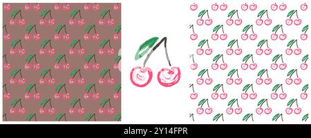 Set Fruit and berry seamless patterns. Cherries. Children's drawings with wax crayons. Print for cloth design, textile Stock Vector