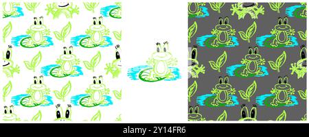 Seamless pattern. Set drawings with wax crayons. Frogs. Print for cloth design, textile Stock Vector