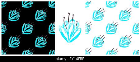 Set Seamless patterns. Blue flowers. Print for design. Children's drawings with wax crayons Stock Vector