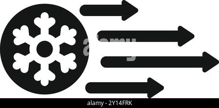 Black and white icon of a snowflake with three arrows moving to the right, representing cold airflow Stock Vector