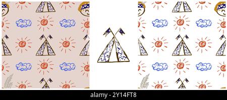 Seamless pattern. Set drawings with wax crayons. Wigwam, Indian. Print for cloth design Stock Vector