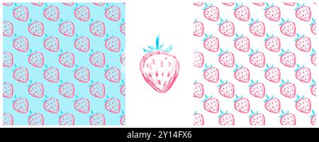 Set seamless pattern. Strawberry. Children's drawings with wax crayons. Print for cloth design Stock Vector