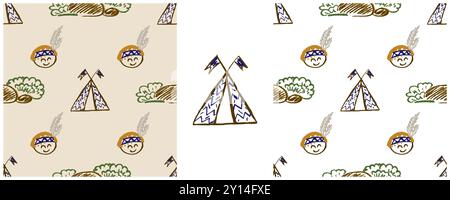 Seamless pattern. Set drawings with wax crayons. Wigwam, Indian. Print for cloth Stock Vector