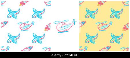 Toys Seamless pattern. Helicopters, airplanes. Set drawings with wax crayons. Print for cloth design, textile, fabric, wallpaper, wrapping paper Stock Vector