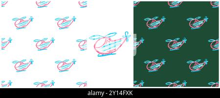 Toys Seamless pattern. Helicopters. Set drawings with wax crayons. Print for cloth design, textile Stock Vector