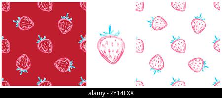 Set seamless patterns. Strawberry. Children's drawings with wax crayons. Print for cloth design, textile Stock Vector