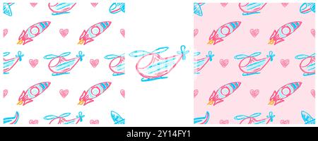 Toys Seamless pattern. Helicopters. Set drawings with wax crayons. Print Stock Vector