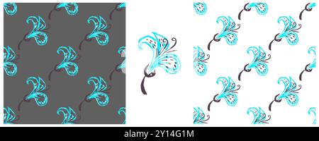 Set Seamless patterns. Blue flowers. Children's drawings with wax crayons. Print Stock Vector