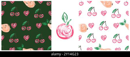 Set Fruit and berry seamless patterns. Children's drawings with wax crayons. Print for cloth design, textile Stock Vector