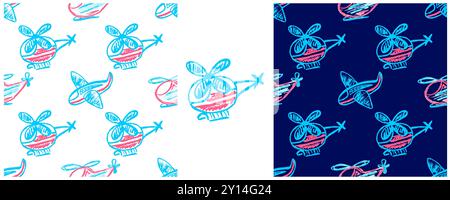 Toys Seamless pattern. Helicopters, airplanes. Set drawings with wax crayons. Print for cloth design, textile, fabric, wallpaper, wrapping Stock Vector