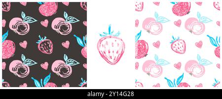 Set seamless pattern. Strawberries, apples. Children's drawings with wax crayons. Print for cloth design, textile, fabric Stock Vector