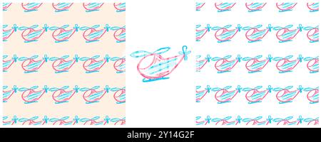 Toys Seamless pattern. Helicopters. Set drawings with wax crayons. Print for cloth design Stock Vector