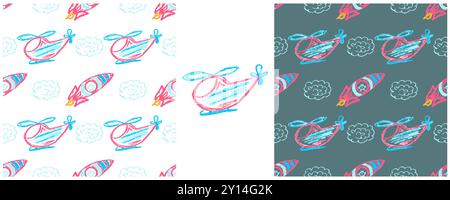 Toys Seamless pattern. Helicopters. Set drawings with wax crayons. Print for cloth design, textile, fabric, wallpaper, wrapping Stock Vector