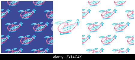 Toys Seamless pattern. Helicopters. Set drawings with wax crayons. Print for cloth design, textile, fabric Stock Vector